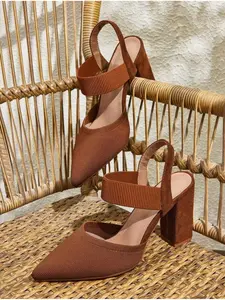 Women's Pointed Toe Chunky Heel Slingback Pumps - Wide Fit, Elastic Strap Comfortable Summer Office Shoes