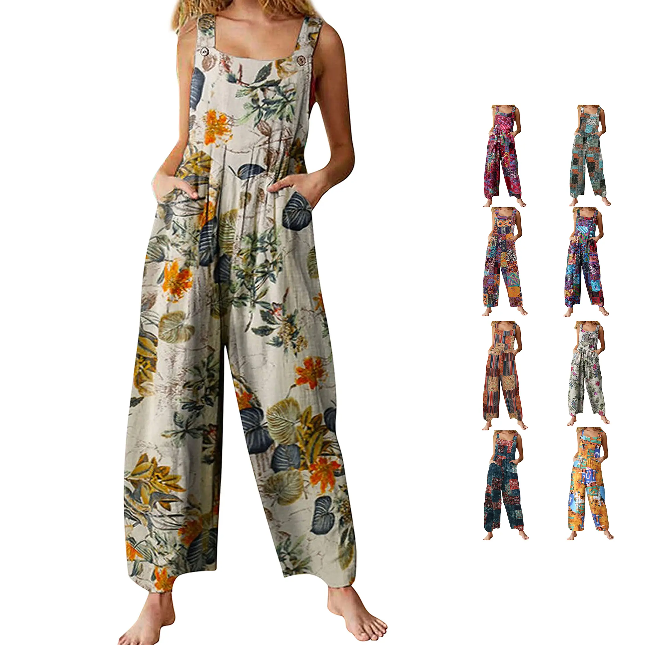 Mundoven Women's Ethnic Printed Patchwork Dual-Pocket Button-Accent Wide-Leg Bib Jumpsuit, Loose Bohemian Women's Clothes, Jumpsuits For Women, Overalls