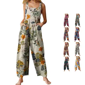 Mundoven Women's Patchwork Dual Pocket Jumpsuit Loose Floral Print Bohemian Wide Leg Bib Overall summerwins