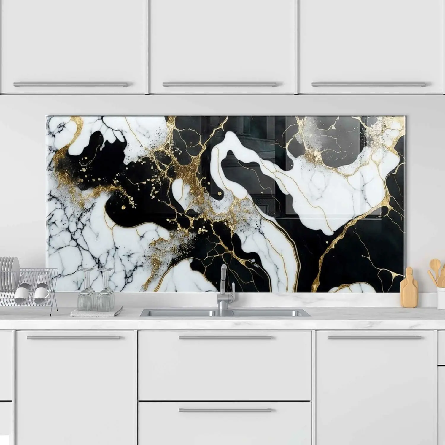 GCKG Luxury abstract fluid art painting mixture black white gold marbled Tempered Glass Kitchen Backsplash, Stove Back Cover, Stove Splashback, Cutting Board, Kitchen Wall Decor