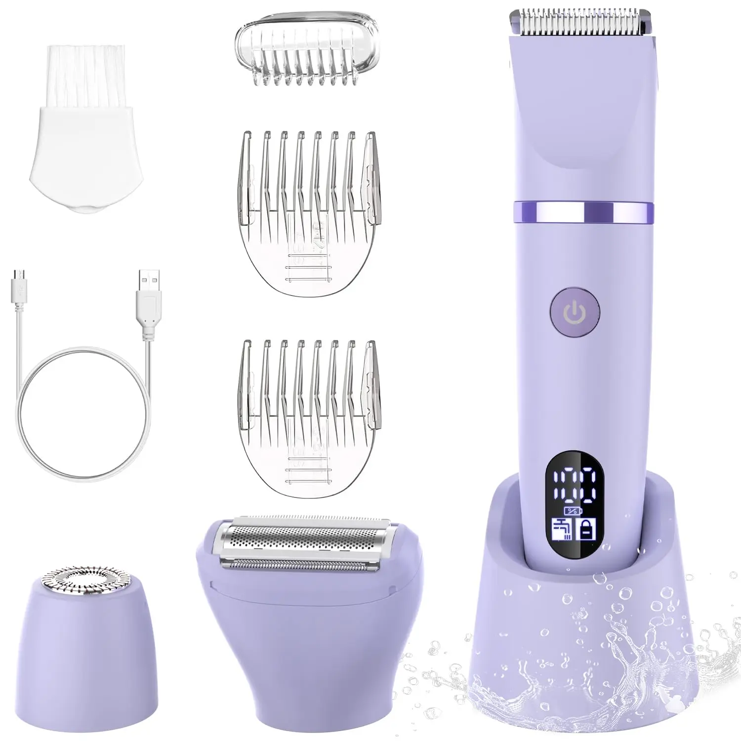 3-in-1 Electric Razor IPX7 Waterproof Bikini Trimmer Wet & Dry Use Painless Personal Trimmer Groomer for Ladies Face Body Legs Bikini Public Hairs Electric Lady Shaver with Replaceable Heads