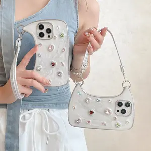 HISTORYOO ( Hand Lanyard ) Glitter Bling Diamond & Heart Sparkle Case for iPhone 17 Pro Max 16 15 14 13 Pro Max for Women Girls Crystal Wristband Bracelet Shockproof Cute Pretty Love Luxurious 3D Rhinestone Decorate Silicone Soft Shell Back Cover