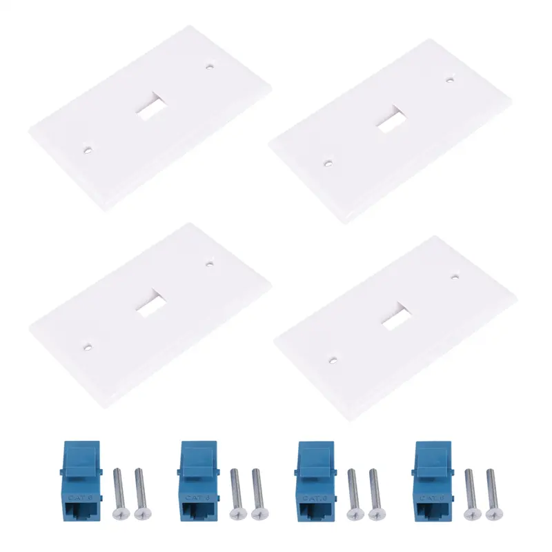 4 x Single-Gang 1-Port Cat6 Ethernet Wall Plates (Plastic) - Mountable, Clip-In Fix, Smooth Texture, High Temperature Resistant RJ45 Female-to-Female Keystone Coupler, 4.53x2.76in, for DIY Projects, Indoor Use, Automotive LAN Extension (White & Blue), Net