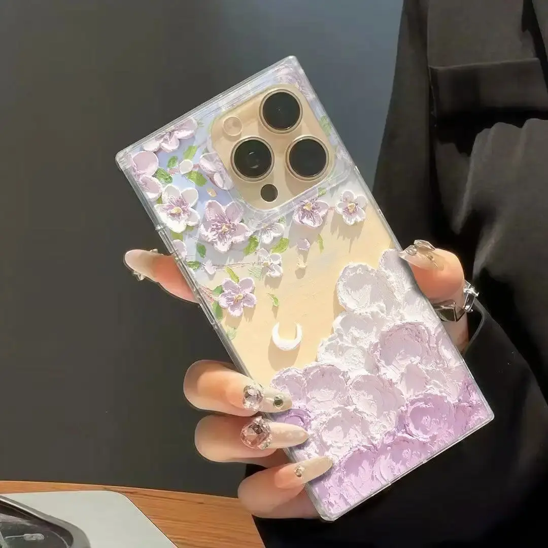 1 piece Fashion square design cute colorful ins style oil painting floral print anti-drop shockproof full cover mobile phone case for girls suitable for iPhone17 16pro Max/16pro/16plus/16/15/14/13/12 cute fashion Halloween Valentine's Day Christmas gift