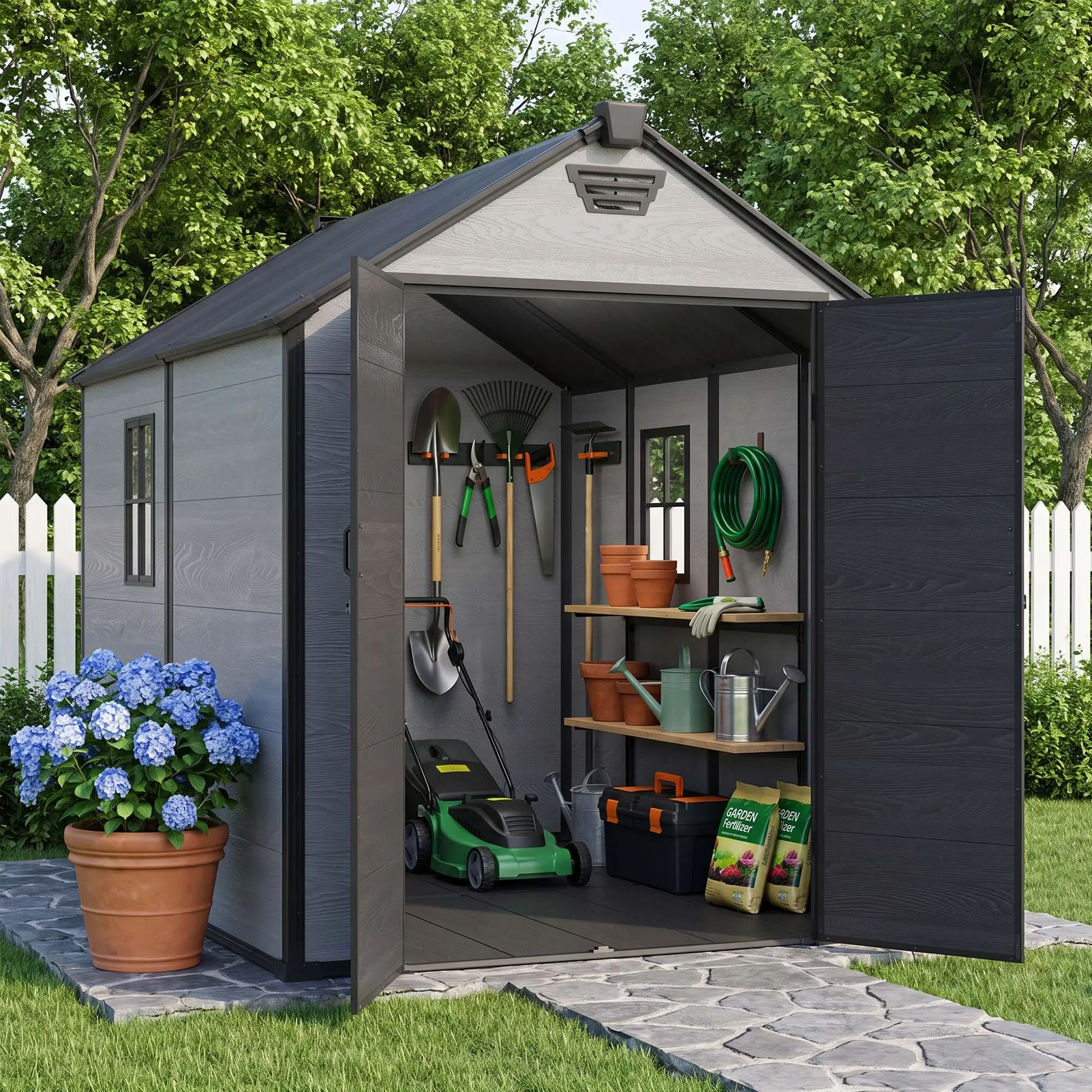 MNLR Outdoor Resin Storage Shed (6x8 FT/6x10 FT) with Resin Panels, Floor, Window, Lockable Door & Natural Light for Backyard Garden Tool Storage