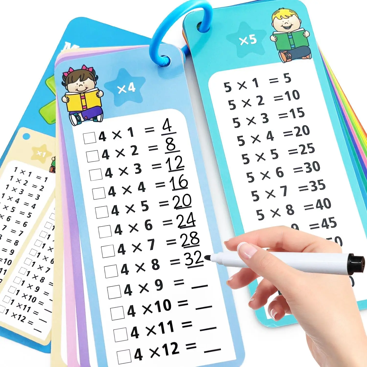 Multiplication Flash Cards 1-12 Set with 15 Large Dry Erase Cards for Students, Educational Times Table Game for Classroom & Home, Includes 2 Markers and Ring, Math, 15 Cards