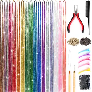 Hair Tinsel Kit (16 Colors, 4800 Strands, 48 Inches) Metallic Colored Sparking Tinsel Hair Extensions Kit with Tools Heat Resistant Highlights Glitter for Girls Women