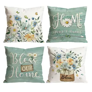 4-Pack Sweet Home Floral Throw Pillow Covers | Daisy & Wildflower Farmhouse Decor for Room Bedroom Sofa Couch 0311YC Home Textile Room Cozy Accessories