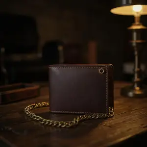 Leatherboss Hunter Leather Biker Bifold Wallet with Antique Chain RFID Blocking 5 Card Slots Clear ID Window Full-Size Currency Pocket Stylish Secure