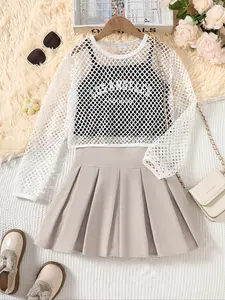 Girls' Fashion Casual Sports Set, Mesh Outerwear & Printed Tank Top & Skirt Three-Piece, Suitable for Ages 8-12, Sporty Leisure Wear, Cute Clothing Set, Casual Outfit Set