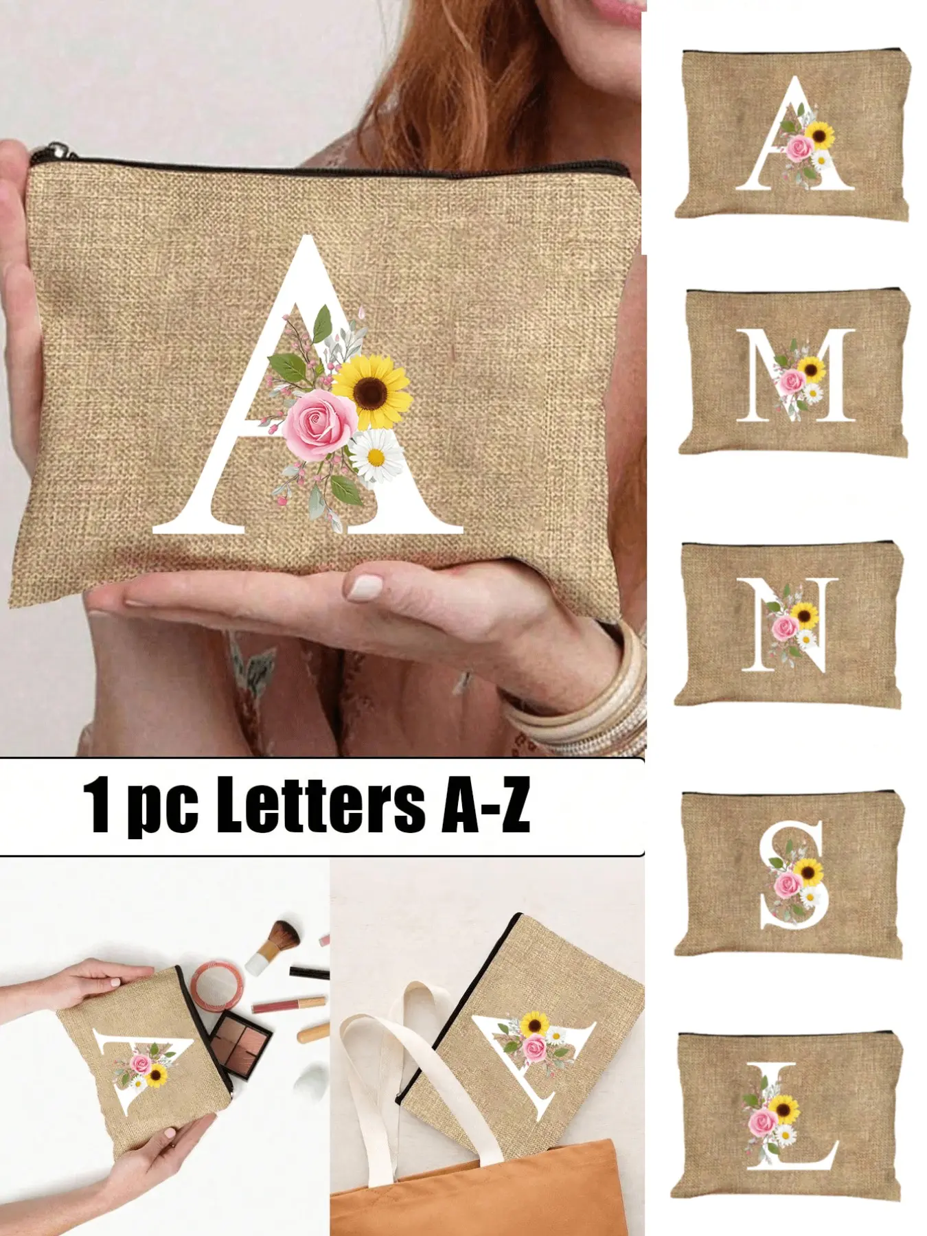 Multi-functional makeup bag with three floral letter patterns featuring A-Z initials, large-capacity makeup bag printed with sunflower, rose, and daisy designs, simple zipper design, travel toiletry bag