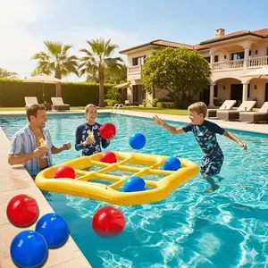 Inflatable Tic Tac Toe Pool Set 10 Balls 5 Blue 5 Red with Air Pump Floating Game for Pool Lake Beach Family Pool Party