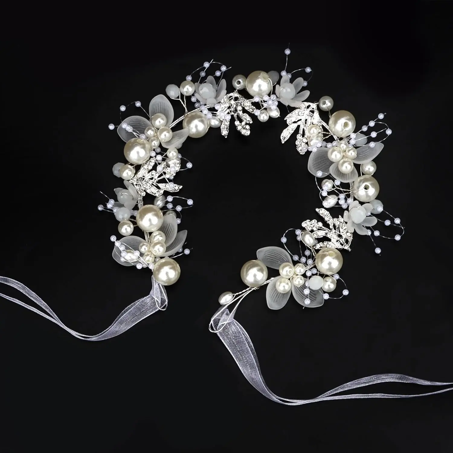 Rhinestone Flower Hairpiece for Girls, Modern Adjustable Tiara Headband, High Quality Alloy First Communion Gift, Female, Synthetic, Ceremony, Cute, 14.17 Inches, Flower Motif, Adjustable Size, Two Ribbon Ties