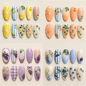Summer Vibes Season Press On Nails, Handmade Fruits Lemon Orange  Blueberries and Grapes Nails, Nail For Women, Vintage NailArt, Party, Nails Inspo