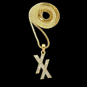 Double X CZ Iced Pendant XX Charm & 2mm 18" 20" 24" Box Chain Hip Hop Style Gold / Silver Plated Necklace Jewelry