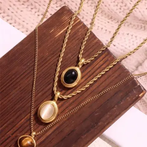 Vintage Oval Stone Charm Dainty Necklace, Casual Style Necklaces, 18K Gold Plated Stainless Steel Chain, Women's Jewelry Gift, Cute Pendant Necklace