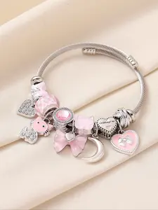 Elegant Bow Heart Cat Moon Pendant Beaded Stainless Steel Bracelet, Fashion Chessboard Large Hole Pearl DIY Bangle for Women, Heart Charm Bracelet, Fashionable Bracelet, Bow Bracelets, Bracelet Design