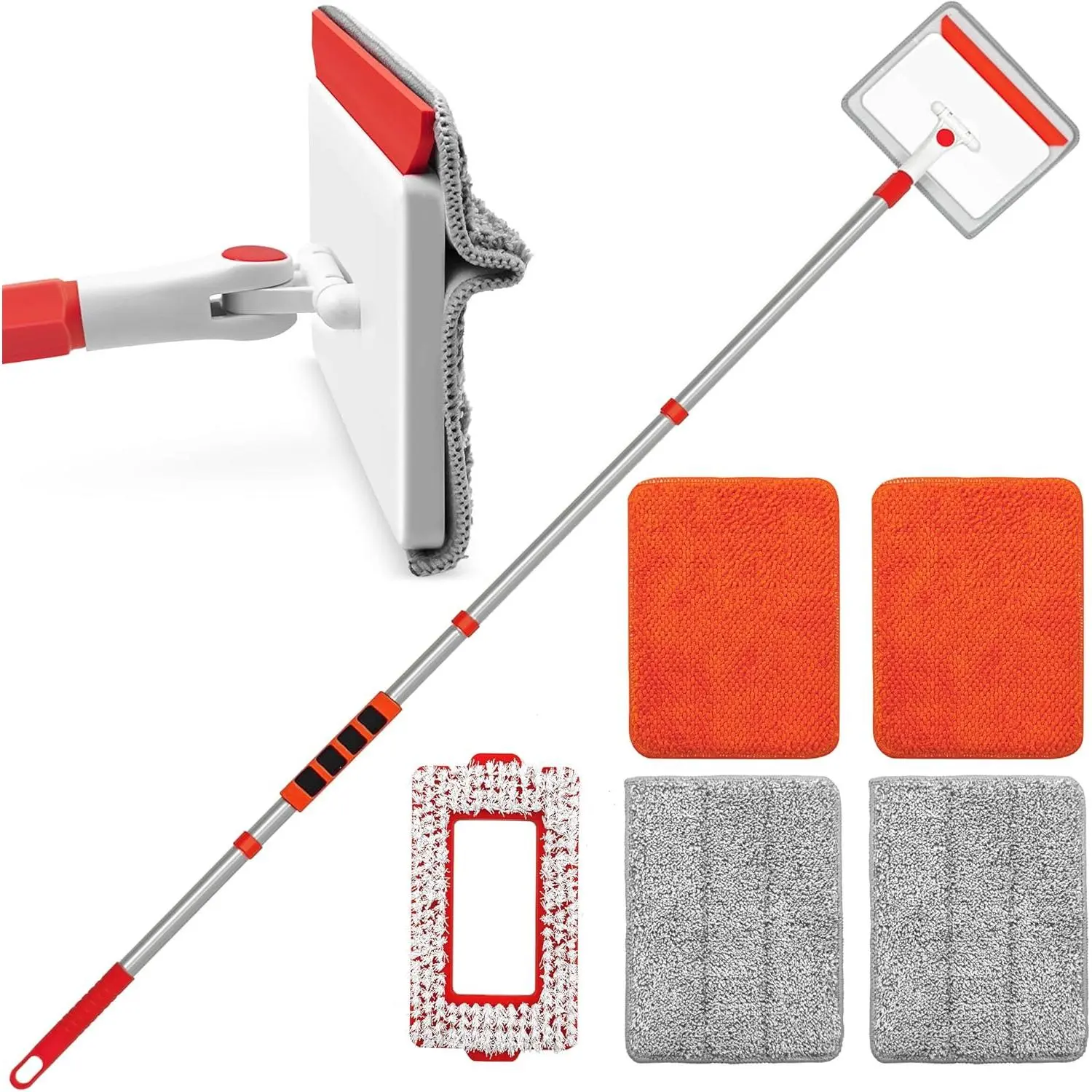 56-in Silicone Baseboard Cleaner Tool with Handle - Mop Scrubber, 1 Stiff-Bristle Brush, 2 Chenille Pads, 2 Microfiber Pads, Built-in Squeegee Bar, Additional Baseboard Brush for Sweeping, Cleaning Corners Thoroughly, Baseboard Cleaning