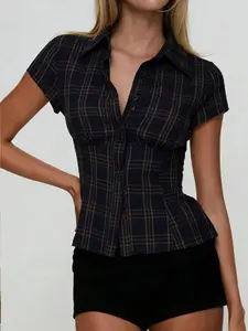 Women's Plaid Pleated Button Shirt Blouse, Vintage Style Fitted Casual Top, Short Sleeve Spring Summer, Suitable for Commuting and Dates, Womenswear