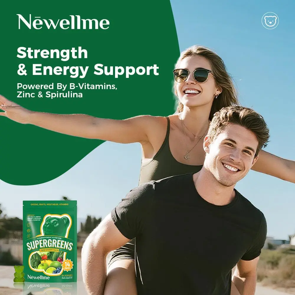 Newellme Super Greens Multivitamin Gummies for Adults with Zinc, Biotin and Plant-Based Nutrients for Energy and Active Lifestyle Support