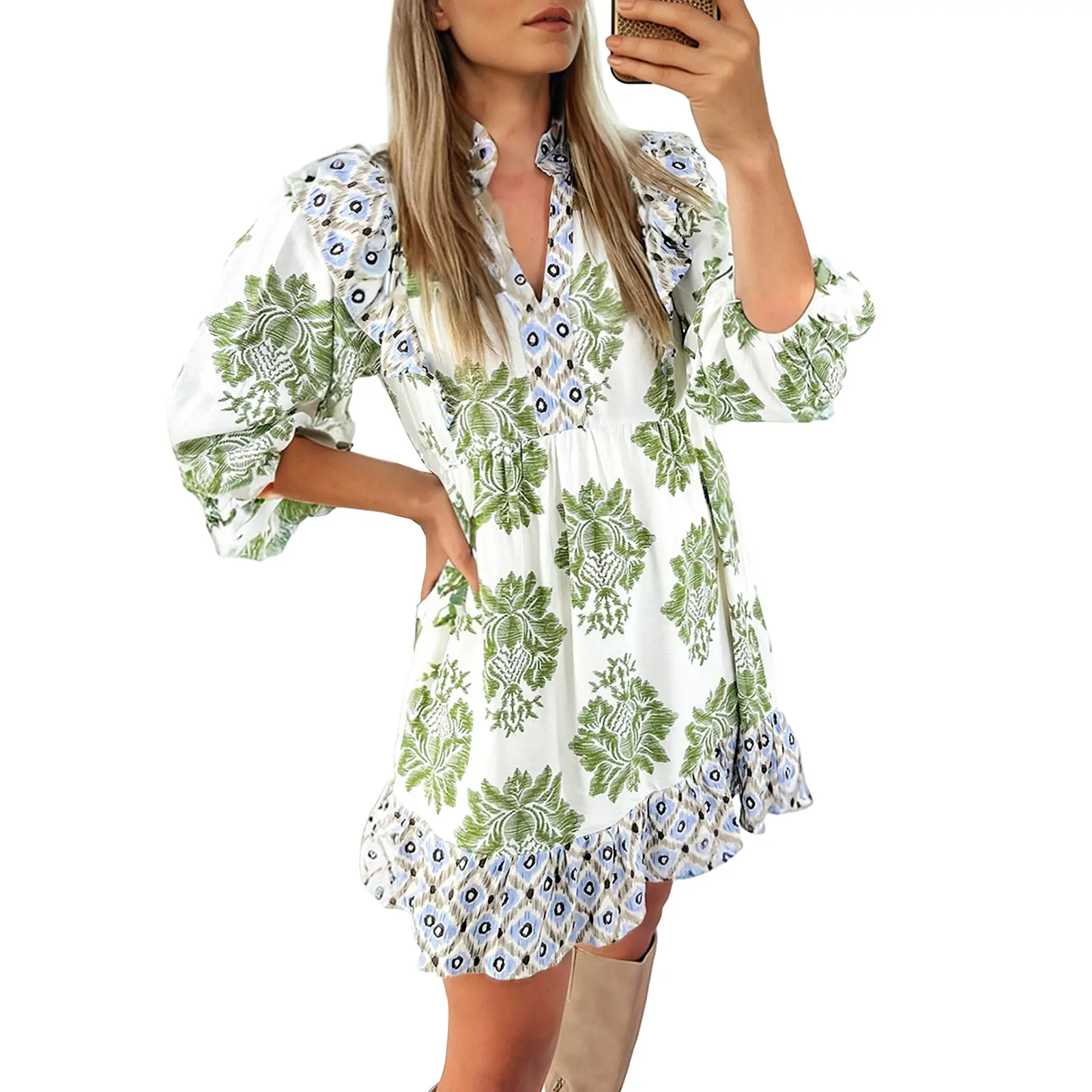 Asvivid Women's Boho Floral Contrast Patchwork / Solid Mini Dress V-Neck Ruffle Detail Summer Beach Vacation Casual Daily Wear Dresses Fall Fashion Womenswear