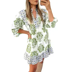Asvivid Women's Boho Floral Contrast Patchwork / Solid Mini Dress V-Neck Ruffle Detail Summer Beach Vacation Casual Daily Wear Dresses Fall Fashion Womenswear