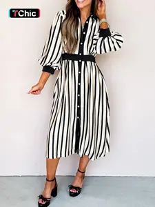 Hotapei Spring Autumn Striped Fitted Seven-Quarter Bubble Sleeve Shirt Midi Dress, Button Front Long Medium Length, Women's Fashion Casual Wear Womenswear