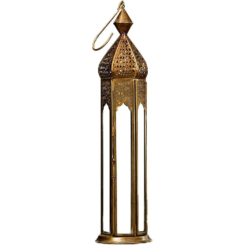 Serene Spaces Living Antique Golden Bronze Metal Lantern, Clear Glass Paneled Tealight Holder, Vintage Decorative Lantern for Dining Table, Wedding, Holiday, Event, Measures 3" Diameter * 13" Tall