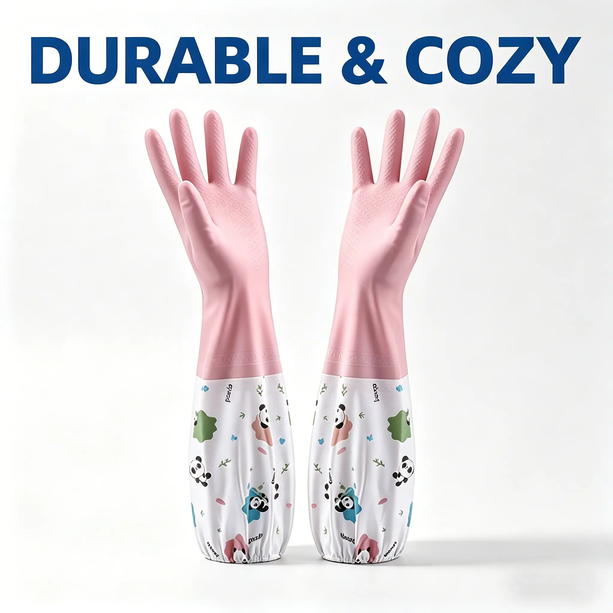 Anti-Slip Waterproof PVC Thickened Cleaning Gloves - Cozy Blush Pink Banded Panda with Velvet Look, 1 Pair, Heat-Resistant Home Care Supplies for Kitchen,Bath