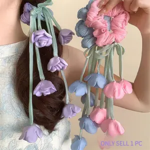 Lily of the Valley & Tulip Flower Scrunchies, Elegant Tassel Ribbon Hair Ties, Fairy Hair Accessories for Ponytail, Fresh Spring Summer Hair Rope for Outings & Daily Wear