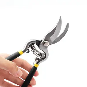 Handheld pruning shears with polished steel surfaces, durable construction, non-slip handle, no assembly required. Suitable for trimming trees and branches. Gardening tools include branch pruning, fruit picking, floral care, and grafting shears. Ideal for