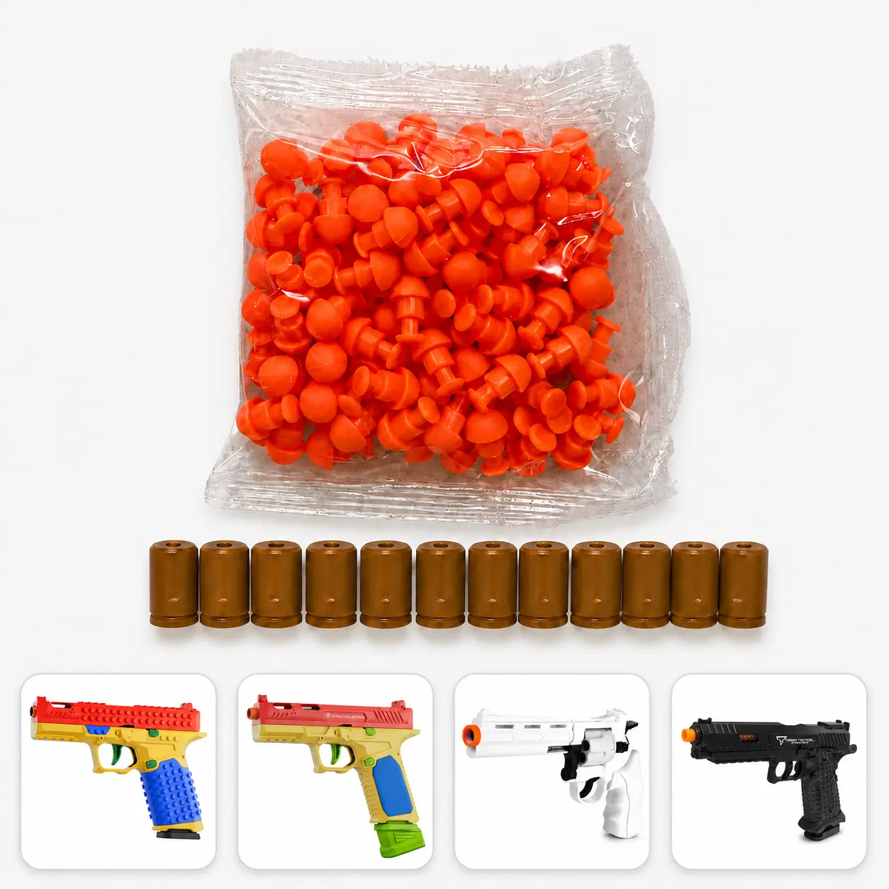 Soft Plastic Toy Accessory Refill Kit with Stem - 12+ Years, Latex-Free, for Boy's Development, 100 Orange Rounded Tips, 12 Reusable Brown Plastic Shell Parts, Compatible with Select Toy Models, Compatible Toy Models