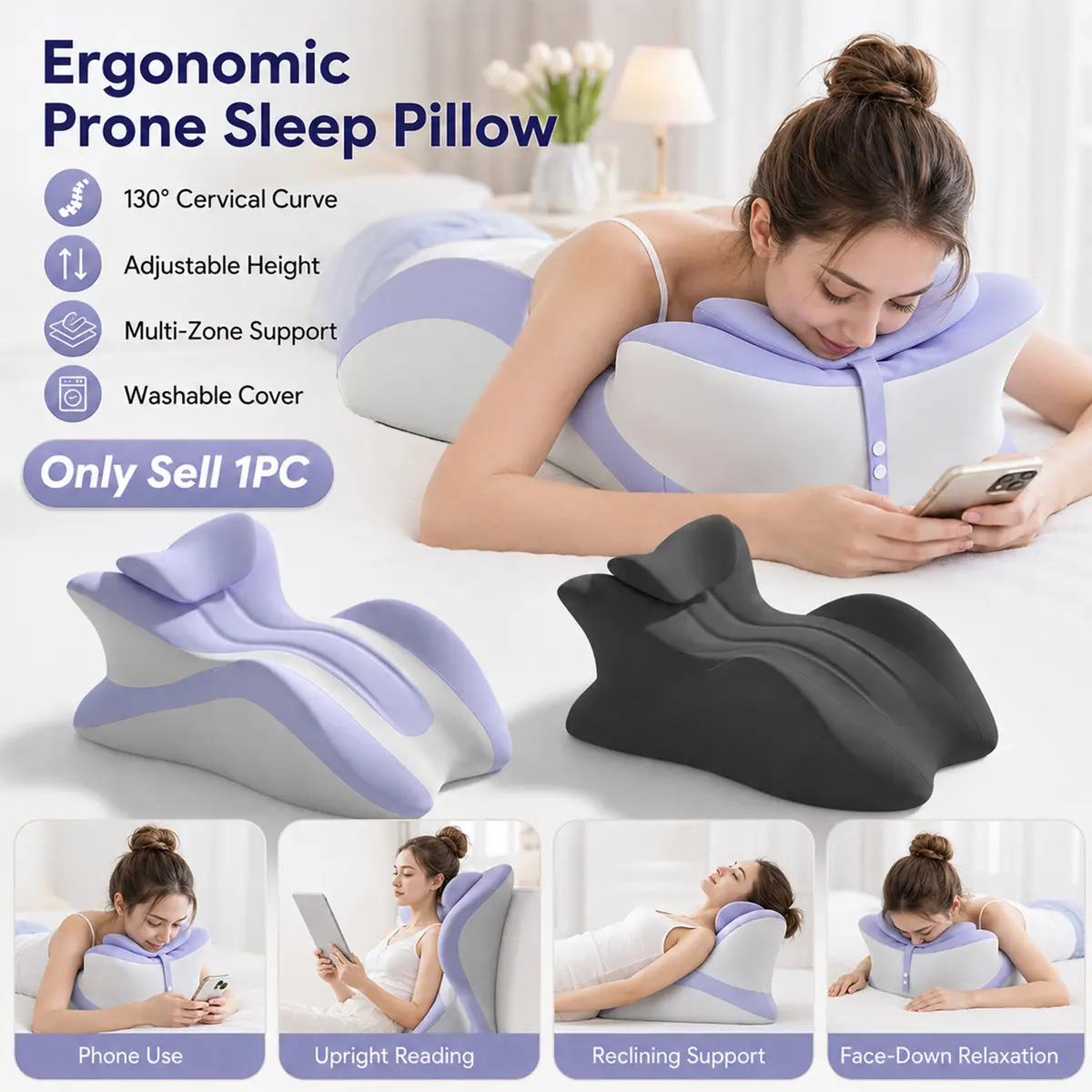 Prone Sleep Pillow for Adults Ergonomic Face Down Style, Memory Foam Body Support Cushion with Adjustable Buttons, Personalized Height and Washable Cover, Multi-Zone Rest Pillow for Phone Use, Reading, Massage, Bed, Sofa and Relaxation