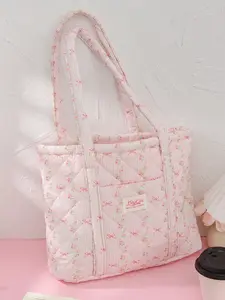 Sweet Bow Pattern Quilted Work Bags Large Capacity Women's Handbag Pastel Tote Bag Fits Computer Notebooks Books Ideal for Vacation Shopping Beach Casual Commuter Bag Floral Tote