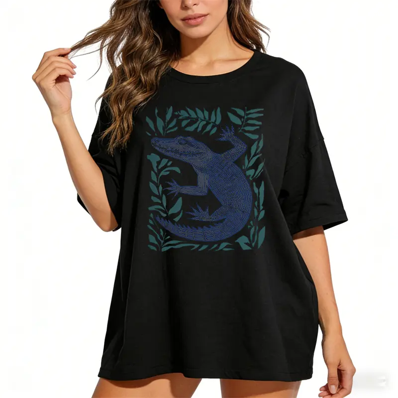 Women's Solid Oversize T-Shirt, Vintage Cottagecore Alligator Graphic Print, Soft Cotton Knit Fabric, Seamless Casual Top, Shortsleeve, Lady, Short Sleeves, Loose-Fit