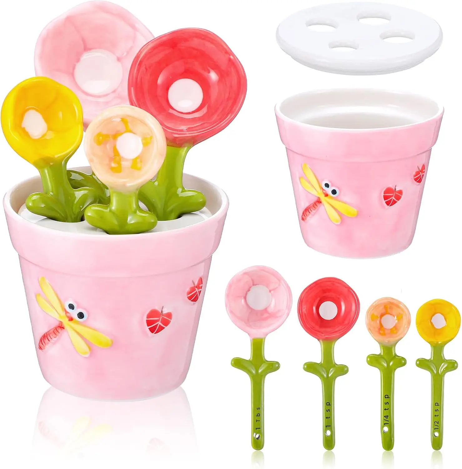 Flower Measuring Spoons Set in Pot - Ceramic Baking Measuring Spoons with Holder for Dry & Wet Ingredients - Cute Flower Figurine - 1 Tbsp, 1 Tsp, 1/2 Tsp, 1/4 Tsp - Unique Gift, Dishwasher Safe(Pink）