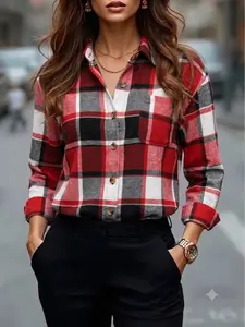 Women's Vintage Plaid Shirt, Casual Long Sleeve Button Down Shacket, Oversized Baggy Drop Shoulder Top with Spandex