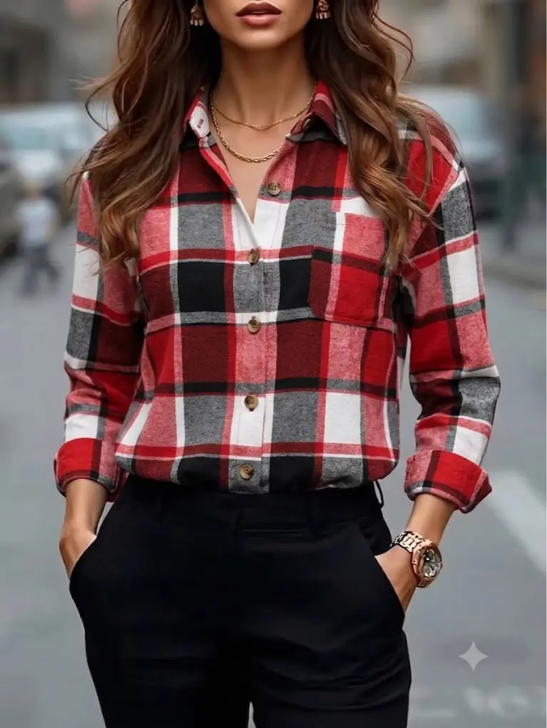 Women's Vintage Plaid Long-Sleeve Button-Down Shacket - Oversized Baggy Drop-Shoulder Essential Top with Spandex Fabric, Pocket, Everyday Vibe