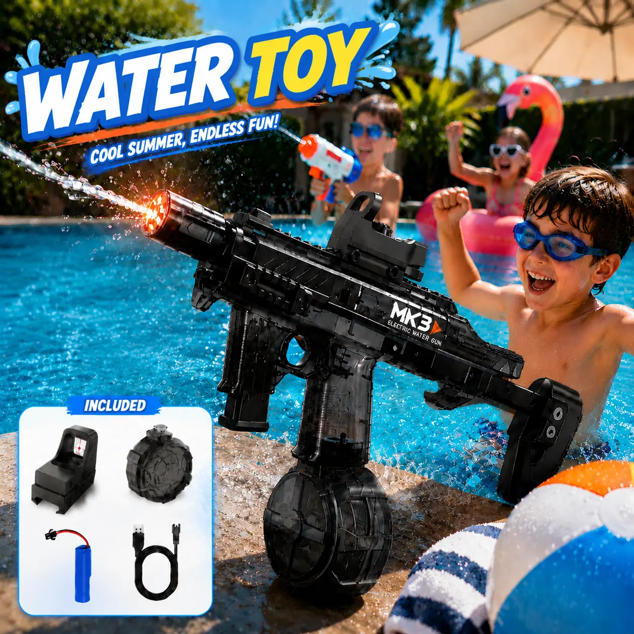 Summer water fight toys, continuous electric water spray, large-capacity water tank, perfect for pool parties and beach fun, a must-have for summer water play, outdoor water spray toys