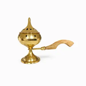 Brass Incense Burner with Wooden Handle - Elegant Design for Aromatherapy and Relaxation