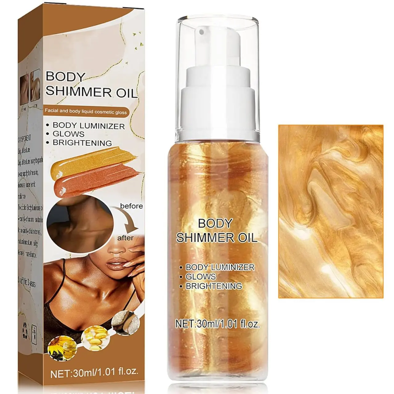 24H Long-Lasting Highlight Natural Plant-Based Body Shimmer Oil, Face & Body Dual Use Lightweight Non-Greasy Formula, Waterproof & Sweat-Resistant, Diamond Micro-Particles for 3D Luminous Glow, Safe for Sensitive Skin & Pregnancy Body Shimmer Oil