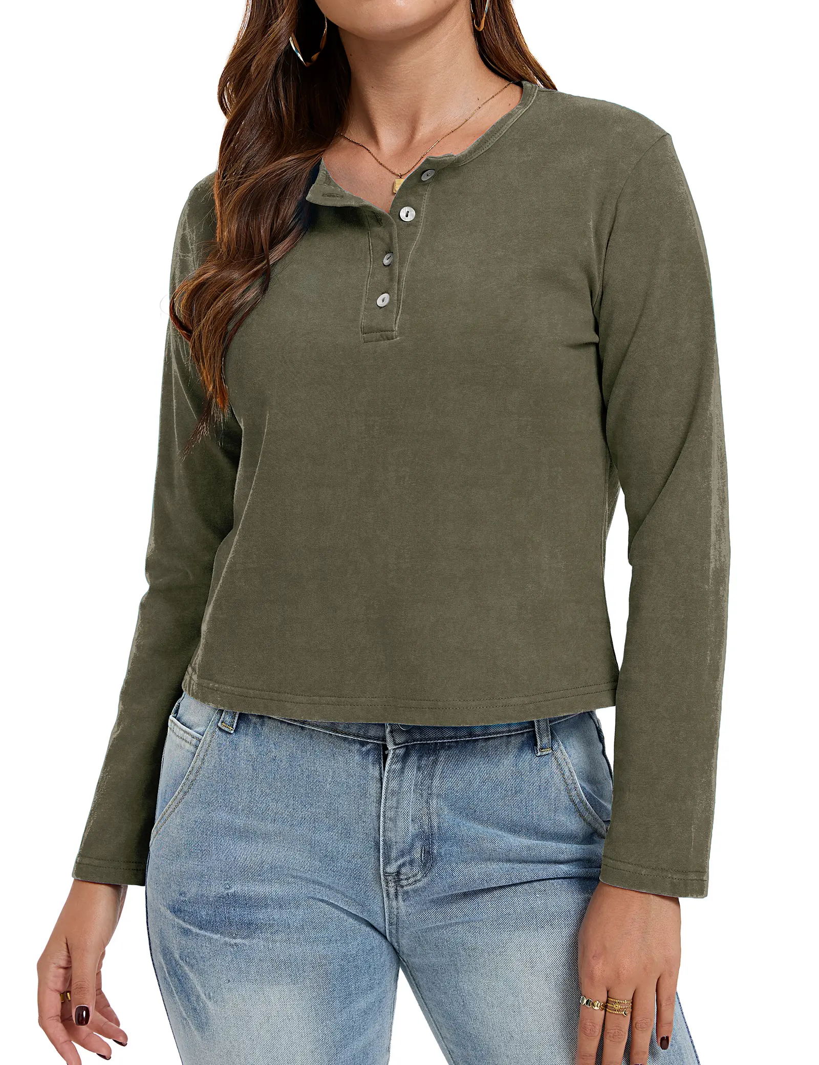 FAIABLE Vintage Washed Henley Long Sleeve Shirt 100% Cotton Heavyweight 240GSM Casual Crew Neck Basic Tee Structured Cropped Length Fall Spring Tops ual Top Relaxed Fit Button Front Crew Neck Basic Tee Structured Cropped Length Fall Spring Tops
