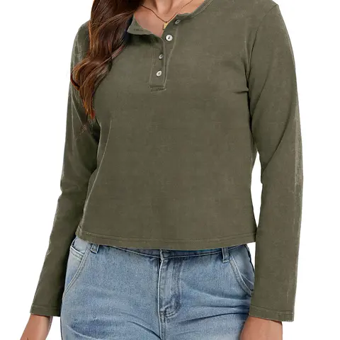 FAIABLE Vintage Washed Henley Long Sleeve Shirt 100% Cotton Heavyweight 240GSM Casual Crew Neck Basic Tee Structured Cropped Length Fall Spring Tops ual Top Relaxed Fit Button Front Crew Neck Basic Tee Structured Cropped Length Fall Spring Tops