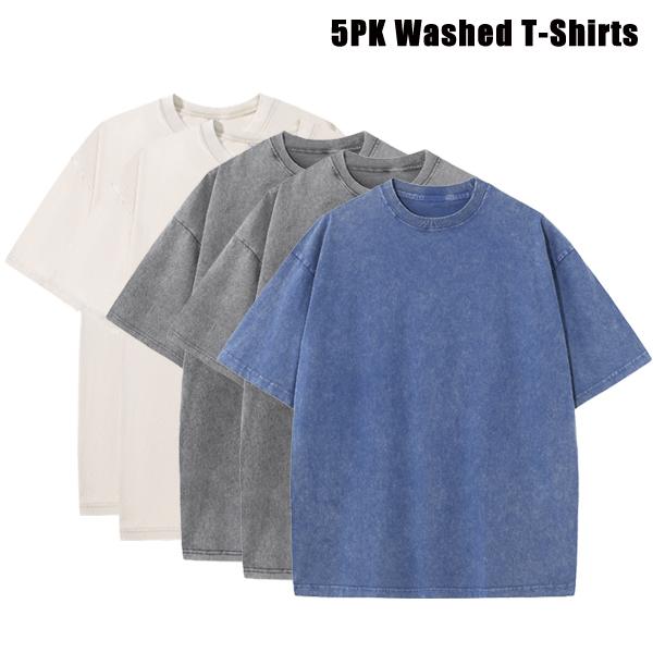 5PCS Men’s Extra Large Fitness Retro Heavyweight T-Shirts, Pure Cotton Sports Acid Wash Loose Fit, Summer Sweat Absorption, Multiple Colors