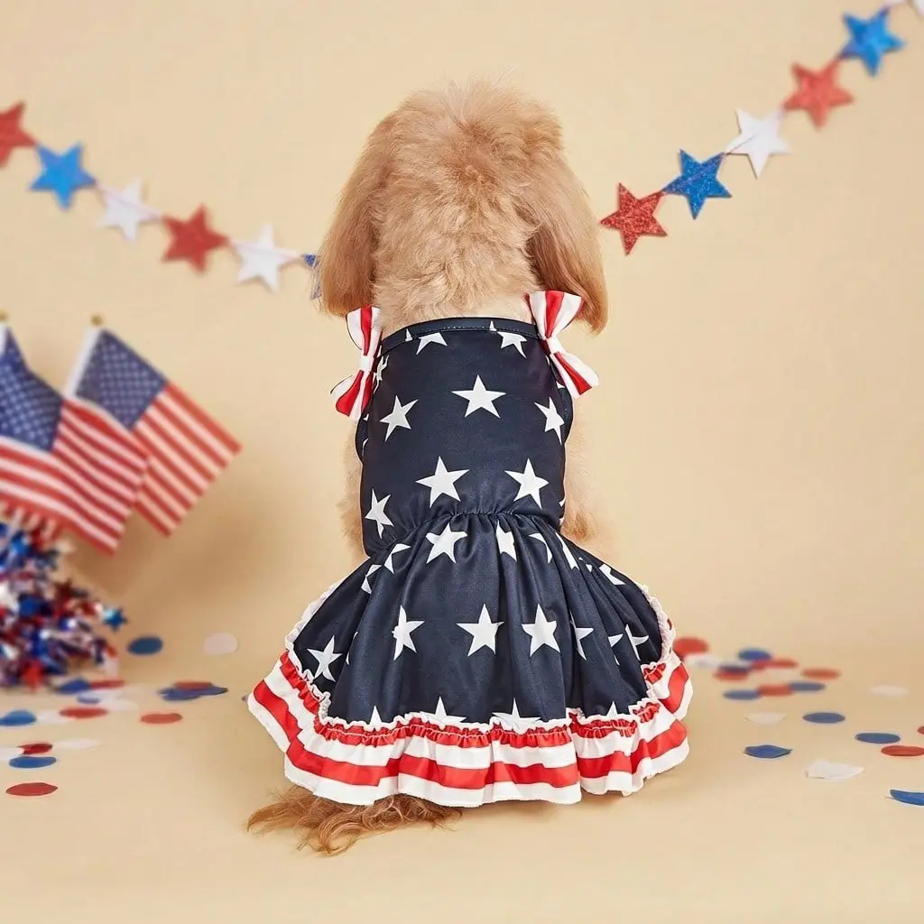 Striped Dress Shirt Cute Bowknot Sundress American Flag Stars Printed Princess Summer Puppy Apparel Clothes with Ruffles for Small Dogs Cats Puppy Independence Day Clothing Costumes Outfits