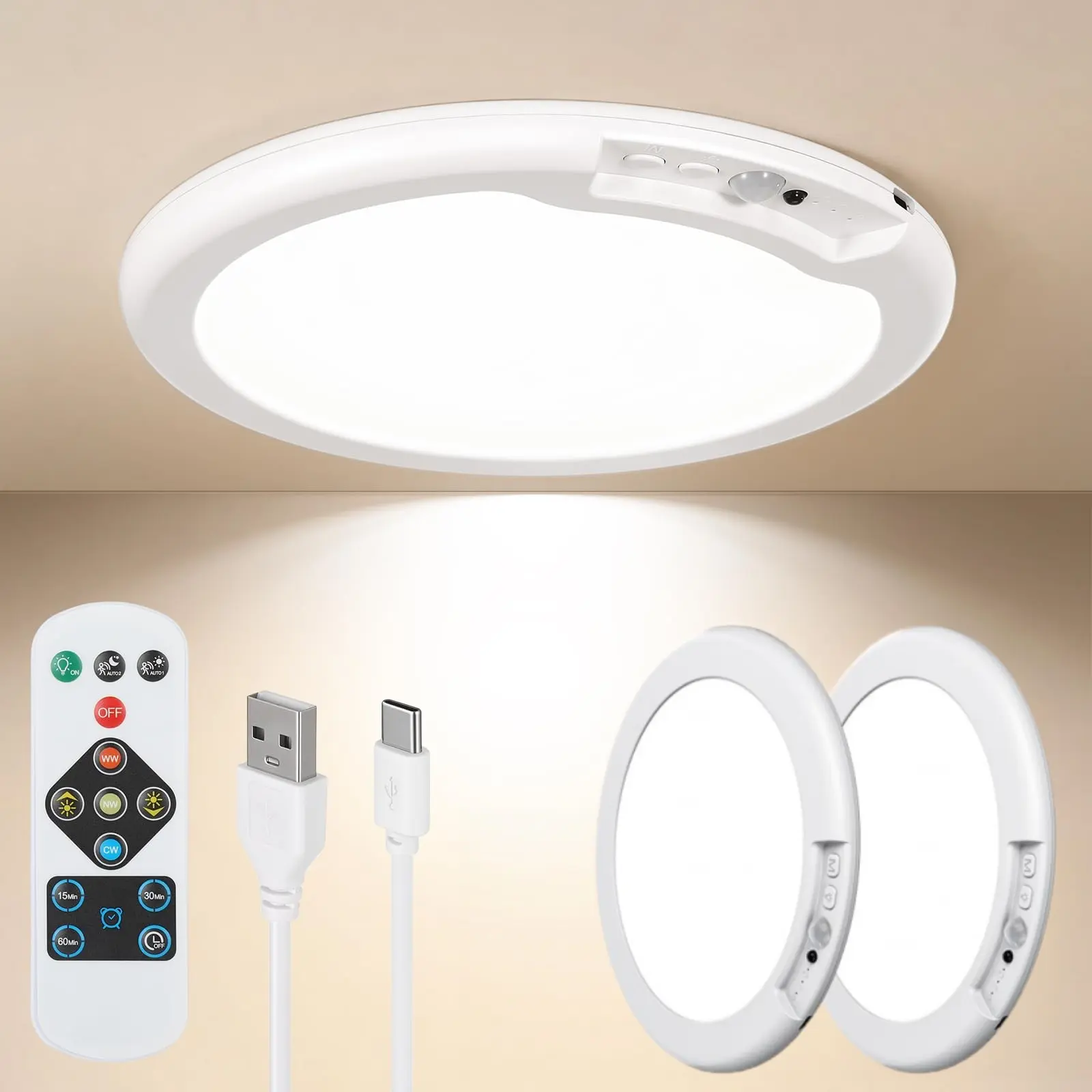 Rechargeable Ceiling Light 2 Pack, Magnetic Motion Sensor Ceiling Lights With 3 Color Remote, Wireless Operated Dimmable Led Ceiling Lights for Closet Shower Stairs Hallway Shed Pantry Laundry