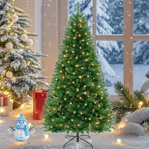 Pre-lit Slim Artificial Hinged Christmas Tree Skinny Corner Xmas Tree 6 FT with 200 Incandescent Warm White Lights Prelighted Xmas Tree with Foldable Stand