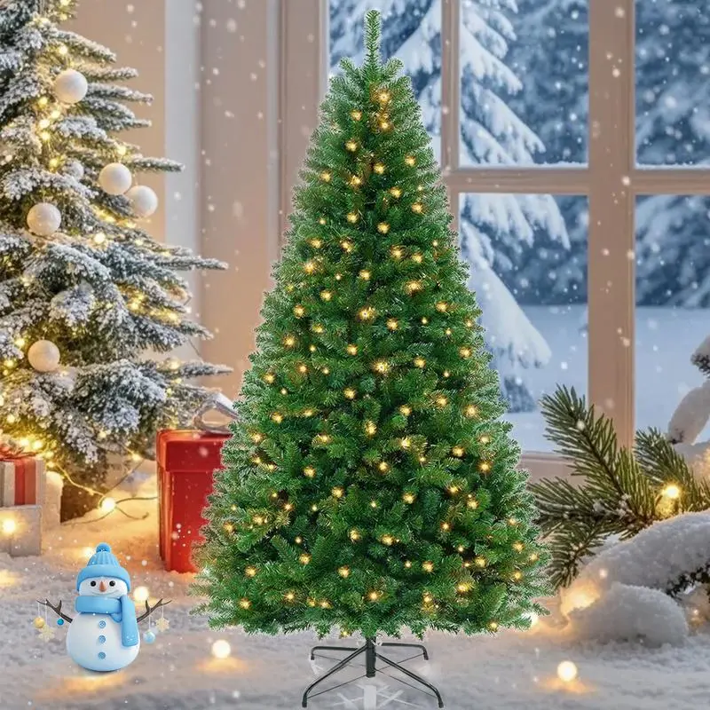 Pre-lit Slim Artificial Hinged Christmas Tree Skinny Corner Xmas Tree 6 FT with 200 Incandescent Warm White Lights Prelighted Xmas Tree with Foldable Stand