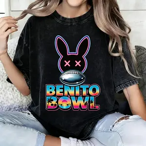 Unisex 100% cotton black and white T-shirt with neon rabbit and rugby Benito bowl pattern, suitable for casual wearPOD t shirts for women vintage graphic tees women's t shirts
