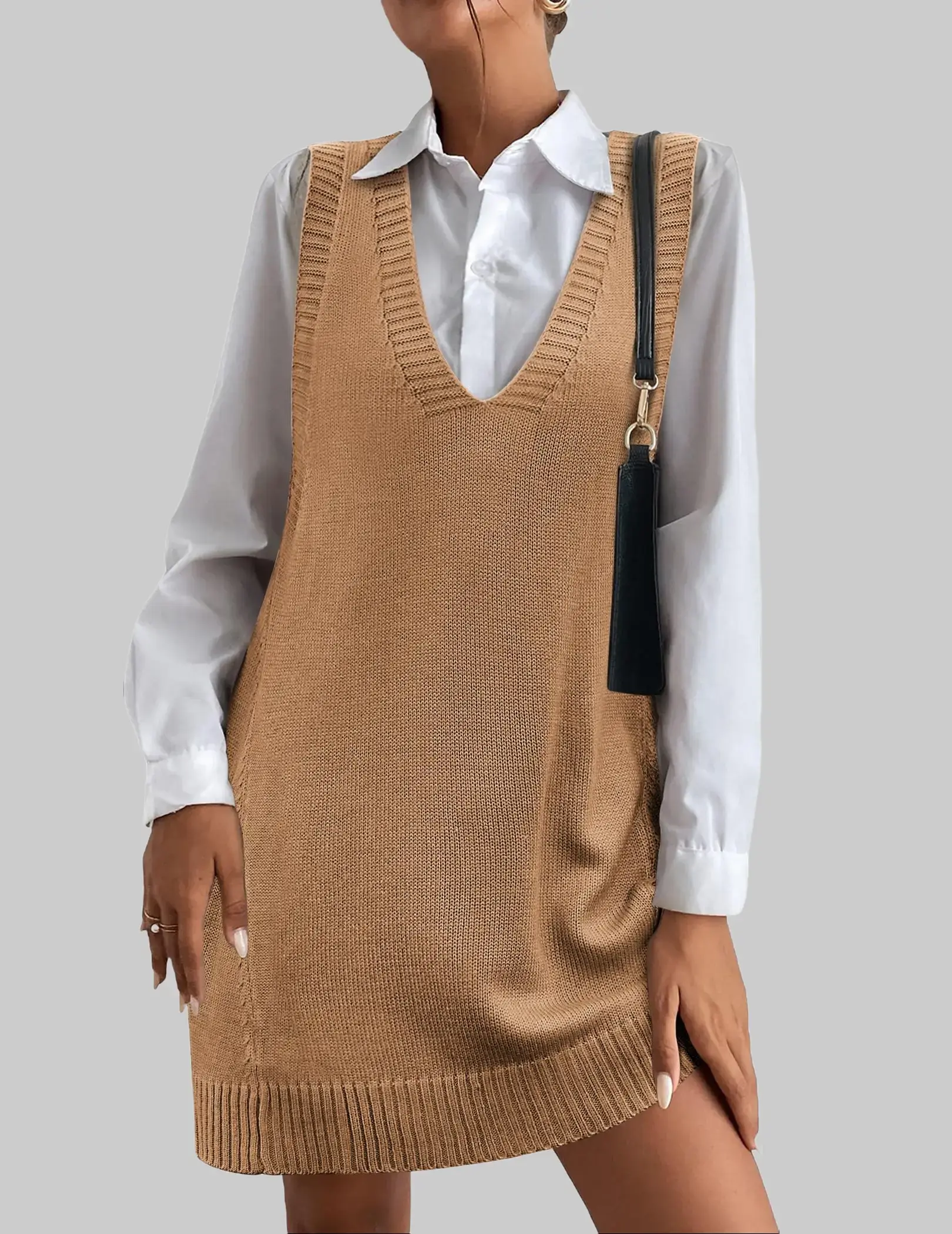 Women's Sleeveless V Neck Knit Sweater Vest Dress Casual Pullover with Side Pockets for Spring Basic Minimalist Womenswear